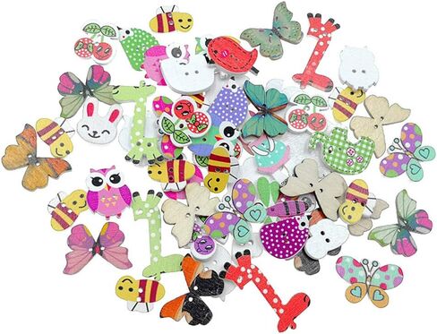 Kinteshun Wooden Buttons Natural Wood 2-Holed Fastener Buttons for Sewing Knitting Handcraft(100pcs,Assorted Cartoon Animals Printing Patterns) in Kuwait