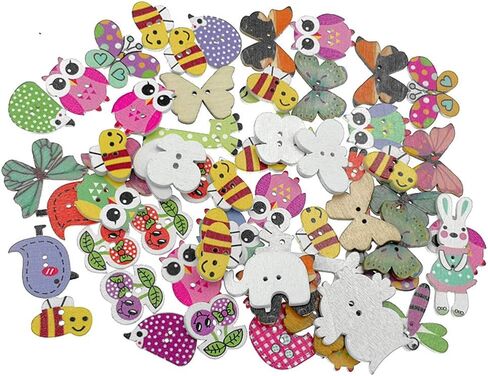 Kinteshun Wooden Buttons Natural Wood 2-Holed Fastener Buttons for Sewing Knitting Handcraft(100pcs,Assorted Cartoon Animals Printing Patterns) in Kuwait