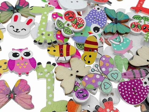 Kinteshun Wooden Buttons Natural Wood 2-Holed Fastener Buttons for Sewing Knitting Handcraft(100pcs,Assorted Cartoon Animals Printing Patterns) in Kuwait