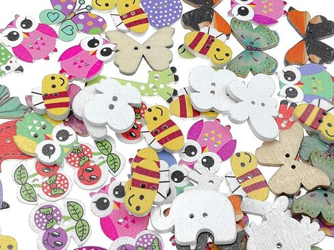 Kinteshun Wooden Buttons Natural Wood 2-Holed Fastener Buttons for Sewing Knitting Handcraft(100pcs,Assorted Cartoon Animals Printing Patterns) in Kuwait