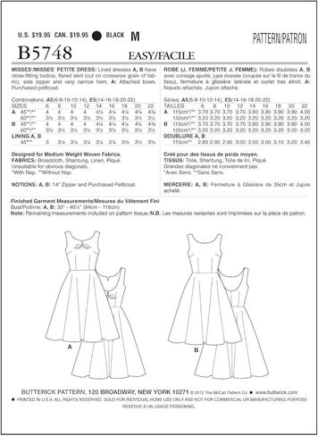 BUTTERICK PATTERNS B5748 فستان Misse/Miss صغير الحجم، مقاس A5 (6-8-10-12-14) in Kuwait