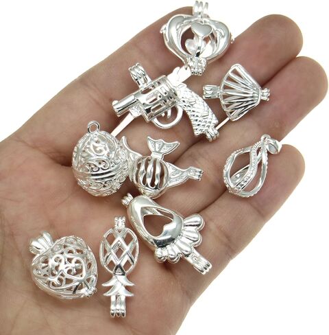 Christmas Gifts 20 Pcs Bright Silver Cute Pearl Bead Cages Pendant Wholesale - Essential Oil Scent Diffuser Cage Charms for Bracelet Necklace Earrings Jewelry Making in Kuwait