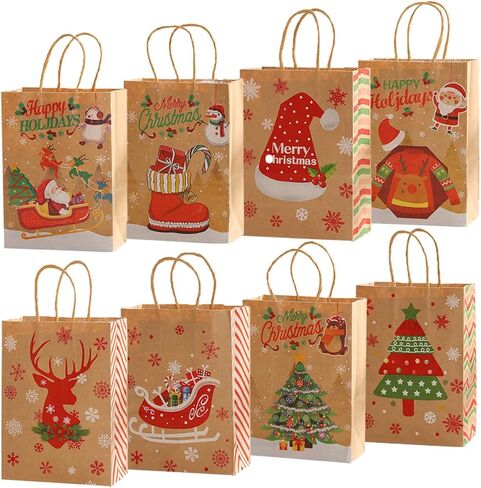 أكياس هدايا عيد الميلاد من ME.FAN بمقبض، 24 قطعة من أكياس ورق كرافت لعيد الميلاد، وحقائب هدايا بمقابض، وحقائب هدايا عيد الميلاد - 5.9 بوصة × 3.15 بوصة × 8.27 بوصة - الطراز 2 in Kuwait