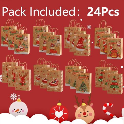 أكياس هدايا عيد الميلاد من ME.FAN بمقبض، 24 قطعة من أكياس ورق كرافت لعيد الميلاد، وحقائب هدايا بمقابض، وحقائب هدايا عيد الميلاد - 5.9 بوصة × 3.15 بوصة × 8.27 بوصة - الطراز 2 in Kuwait