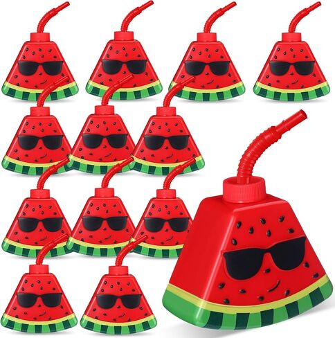 Dandat 12 Pcs Watermelon Cups with Straws and Lids, 13 oz Plastic Watermelon Shape Drink Cup Reusable Fruit Party Sippy Cups Bulk for Kids Hawaiian Watermelon Party Favors Christmas gift in Saudi Arabia