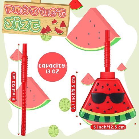 Dandat 12 Pcs Watermelon Cups with Straws and Lids, 13 oz Plastic Watermelon Shape Drink Cup Reusable Fruit Party Sippy Cups Bulk for Kids Hawaiian Watermelon Party Favors Christmas gift in Saudi Arabia