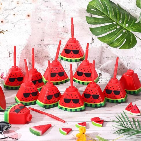 Dandat 12 Pcs Watermelon Cups with Straws and Lids, 13 oz Plastic Watermelon Shape Drink Cup Reusable Fruit Party Sippy Cups Bulk for Kids Hawaiian Watermelon Party Favors Christmas gift in Saudi Arabia