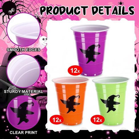 أكواب حفلات الهالوين من HENILEW سعة 16oz كوب حفلات الساحرات للنساء، أكواب بار بلاستيكية للاستعمال مرة واحدة للبنات، أكواب مشروبات ذات طابع الهالوين المخيف للبالغين، مستلزمات حفلات الهالوين (48 قطعة) in Saudi Arabia