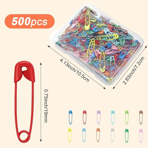 دبابيس امان من 500 قطعة، دبابيس امان بالوان مختلطة مقاس 19 ملم، دبابيس امان صغيرة من الستيل مع صندوق تخزين للفنون والحرف اليدوية وصناعة المجوهرات والمنزل والمكتب (ملونة) in Kuwait