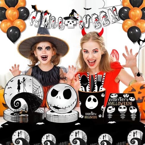 مجموعة لوازم حفلات اعياد الميلاد بنمط كابوس الكريسماس مكونة من 120 قطعة، مجموعة ادوات مائدة مع اطباق عشاء واطباق كيك ومناديل ومفرش طاولة، تكفي 10 اشخاص in Kuwait