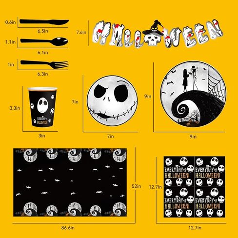 مجموعة لوازم حفلات اعياد الميلاد بنمط كابوس الكريسماس مكونة من 120 قطعة، مجموعة ادوات مائدة مع اطباق عشاء واطباق كيك ومناديل ومفرش طاولة، تكفي 10 اشخاص in Kuwait