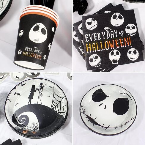 مجموعة لوازم حفلات اعياد الميلاد بنمط كابوس الكريسماس مكونة من 120 قطعة، مجموعة ادوات مائدة مع اطباق عشاء واطباق كيك ومناديل ومفرش طاولة، تكفي 10 اشخاص in Kuwait