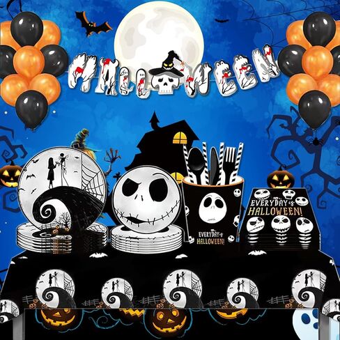 مجموعة لوازم حفلات اعياد الميلاد بنمط كابوس الكريسماس مكونة من 120 قطعة، مجموعة ادوات مائدة مع اطباق عشاء واطباق كيك ومناديل ومفرش طاولة، تكفي 10 اشخاص in Kuwait