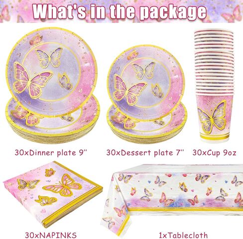Butterfly Party Decorations ,121Pcs Butterfly Plates and Napkins Tableware Set for 30 Guests Birthday Party and Girl Baby Shower Butterfly Theme Party Decorations with Butterfly Tablecloth Plastic in Kuwait