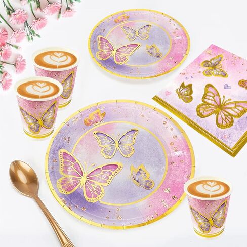 Butterfly Party Decorations ,121Pcs Butterfly Plates and Napkins Tableware Set for 30 Guests Birthday Party and Girl Baby Shower Butterfly Theme Party Decorations with Butterfly Tablecloth Plastic in Kuwait