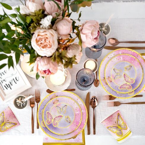 Butterfly Party Decorations ,121Pcs Butterfly Plates and Napkins Tableware Set for 30 Guests Birthday Party and Girl Baby Shower Butterfly Theme Party Decorations with Butterfly Tablecloth Plastic in Kuwait