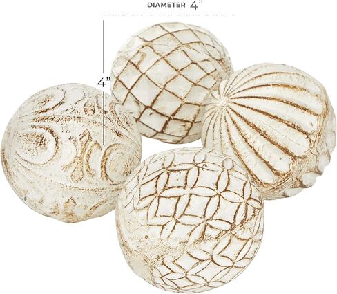 Deco 79 Ceramic Handmade Carved Orbs & Vase Filler with Varying Patterns, Set of 4 4"W, 4"H, White in Saudi Arabia