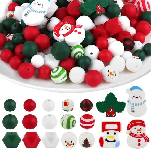150PCS Christmas Silicone Beads for Craft, Kalolary Christmas Silicone Loose Beads Kit Assorted Xmas Round Green Red Bead Santa Snowman Beads Christmas Earrings DIY Accessories for Holiday Party Decor in Kuwait
