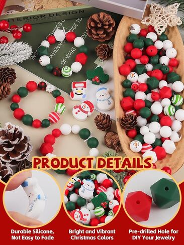 150PCS Christmas Silicone Beads for Craft, Kalolary Christmas Silicone Loose Beads Kit Assorted Xmas Round Green Red Bead Santa Snowman Beads Christmas Earrings DIY Accessories for Holiday Party Decor in Kuwait