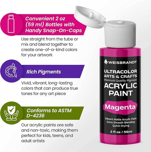مجموعة طلاء الأكريليك للفنون والحرف اليدوية من WEISBRANDT - 18 صبغة عالية الجودة، لمسة نهائية غير لامعة، 2 أونصة/59 مل، ذات أساس مائي، لجميع الأسطح المسامية in Kuwait