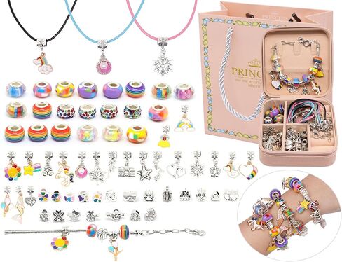 مجموعة صنع الاساور بدلايات للبنات، خرز بتصميم قوس قزح وحيد القرن مع صندوق منظم زهري للهدايا للبنات المراهقات من سن 5-12 سنة in Kuwait