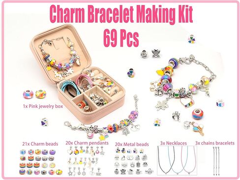 مجموعة صنع الاساور بدلايات للبنات، خرز بتصميم قوس قزح وحيد القرن مع صندوق منظم زهري للهدايا للبنات المراهقات من سن 5-12 سنة in Kuwait