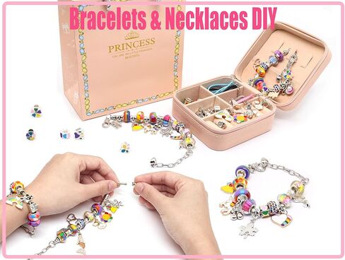 مجموعة صنع الاساور بدلايات للبنات، خرز بتصميم قوس قزح وحيد القرن مع صندوق منظم زهري للهدايا للبنات المراهقات من سن 5-12 سنة in Kuwait