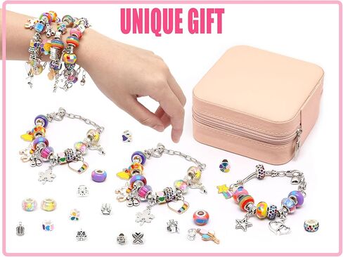 مجموعة صنع الاساور بدلايات للبنات، خرز بتصميم قوس قزح وحيد القرن مع صندوق منظم زهري للهدايا للبنات المراهقات من سن 5-12 سنة in Kuwait