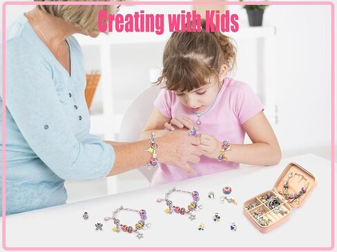 مجموعة صنع الاساور بدلايات للبنات، خرز بتصميم قوس قزح وحيد القرن مع صندوق منظم زهري للهدايا للبنات المراهقات من سن 5-12 سنة in Kuwait