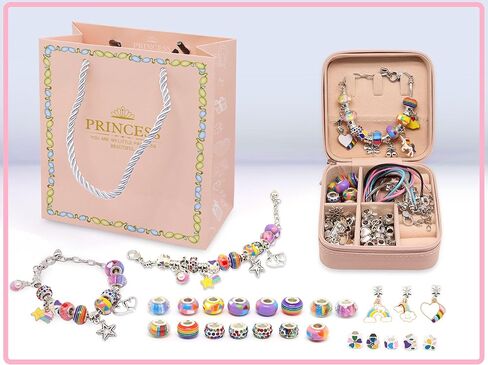 مجموعة صنع الاساور بدلايات للبنات، خرز بتصميم قوس قزح وحيد القرن مع صندوق منظم زهري للهدايا للبنات المراهقات من سن 5-12 سنة in Kuwait