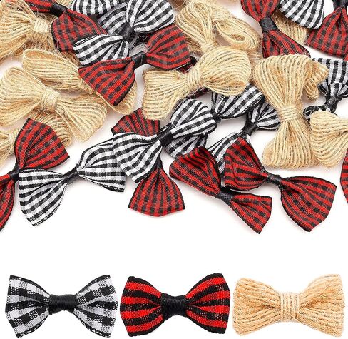 SAVITA 60 Pieces 1.96IN/5cm Small Christmas Burlap Buffalo Check Bows, Tartan Ribbon Hessian Bows Mini Plaid Ribbon Bows for Ornaments Crafting, Christmas Tree (Black&White, Black&Red, Flaxen) in Saudi Arabia