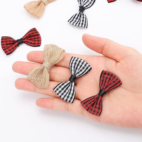 SAVITA 60 Pieces 1.96IN/5cm Small Christmas Burlap Buffalo Check Bows, Tartan Ribbon Hessian Bows Mini Plaid Ribbon Bows for Ornaments Crafting, Christmas Tree (Black&White, Black&Red, Flaxen) in Saudi Arabia