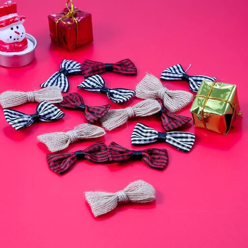 SAVITA 60 Pieces 1.96IN/5cm Small Christmas Burlap Buffalo Check Bows, Tartan Ribbon Hessian Bows Mini Plaid Ribbon Bows for Ornaments Crafting, Christmas Tree (Black&White, Black&Red, Flaxen) in Saudi Arabia