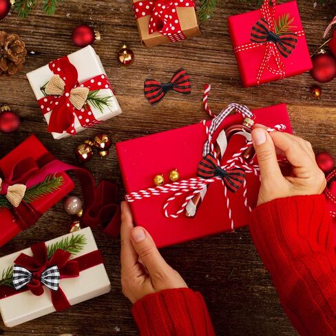 SAVITA 60 Pieces 1.96IN/5cm Small Christmas Burlap Buffalo Check Bows, Tartan Ribbon Hessian Bows Mini Plaid Ribbon Bows for Ornaments Crafting, Christmas Tree (Black&White, Black&Red, Flaxen) in Saudi Arabia