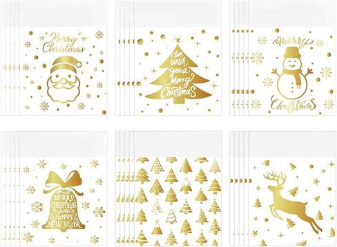 والين 300 قطعة من اكياس سيلوفان الكريسماس ذاتية اللصق من رقائق معدنية ذهبية لشجرة الكريسماس سانتا ورجل الثلج والرنة والحلوى، اكياس بلاستيكية لمستلزمات حفلات الكريسماس وتغليف الهدايا الحرفية in Kuwait