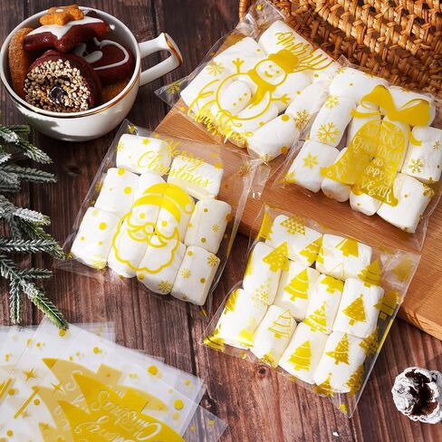 والين 300 قطعة من اكياس سيلوفان الكريسماس ذاتية اللصق من رقائق معدنية ذهبية لشجرة الكريسماس سانتا ورجل الثلج والرنة والحلوى، اكياس بلاستيكية لمستلزمات حفلات الكريسماس وتغليف الهدايا الحرفية in Kuwait