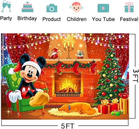 Merry Christmas Backdrop for Mickey Mouse Christmas Party Decorations Christmas Fireplace Background for Party Cake Table Decorations Xmas Theme Banner 5x3ft in Saudi Arabia