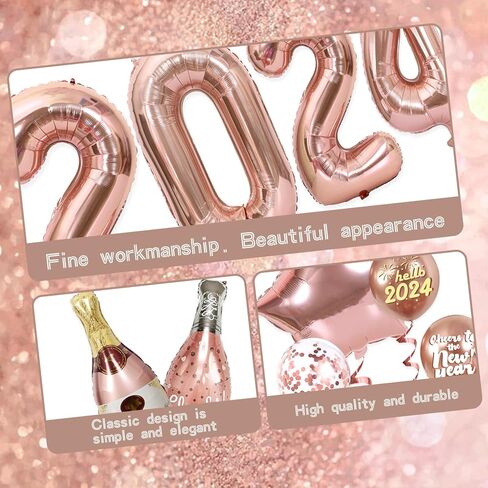 بالونات رأس السنة الجديدة 2024، مجموعة بالونات بلون ذهبي وردي 2024، لوازم حفلات رأس السنة الجديدة مع بالونات ذهبية وردية لتزيين حفلات رأس السنة الجديدة in Kuwait