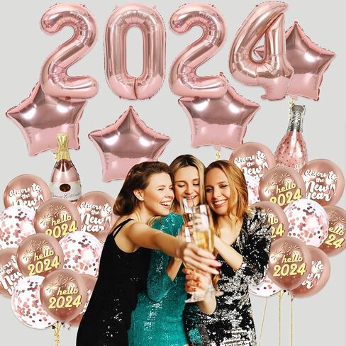 بالونات رأس السنة الجديدة 2024، مجموعة بالونات بلون ذهبي وردي 2024، لوازم حفلات رأس السنة الجديدة مع بالونات ذهبية وردية لتزيين حفلات رأس السنة الجديدة in Kuwait