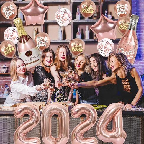 بالونات رأس السنة الجديدة 2024، مجموعة بالونات بلون ذهبي وردي 2024، لوازم حفلات رأس السنة الجديدة مع بالونات ذهبية وردية لتزيين حفلات رأس السنة الجديدة in Kuwait