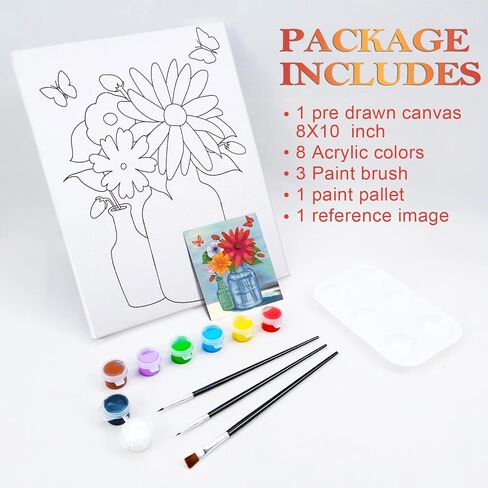 مجموعة أدوات الطلاء والرسم القماشي المرسومة مسبقًا للرسم للبالغين، مجموعة أدوات طلاء قماشية ممتدة على شكل فراشة وزهور (8 × 10) in Kuwait