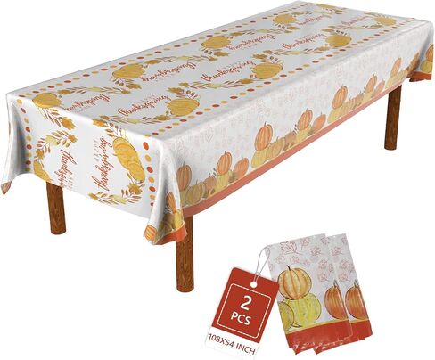 ATFUNSHOP Thanksgiving Tablecloth 2 Pack 54" X 108" Fall Party Supplies Pumpkins Turkey Disposable Table Cover Water Proof Plastic Table Cloth for Thanksgiving Decoration Dinner Party in Kuwait