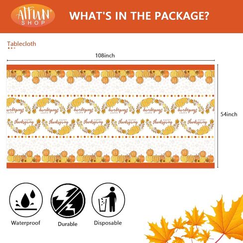 ATFUNSHOP Thanksgiving Tablecloth 2 Pack 54" X 108" Fall Party Supplies Pumpkins Turkey Disposable Table Cover Water Proof Plastic Table Cloth for Thanksgiving Decoration Dinner Party in Kuwait