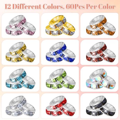 خرز فاصل رونديل لصنع المجوهرات، 720 قطعة فواصل خرز حجر الراين للأساور، خرز فاصل لصنع الأقلام (12 لونًا) in Kuwait