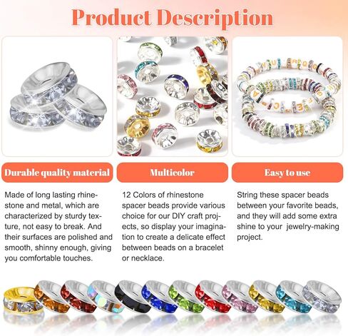 خرز فاصل رونديل لصنع المجوهرات، 720 قطعة فواصل خرز حجر الراين للأساور، خرز فاصل لصنع الأقلام (12 لونًا) in Kuwait