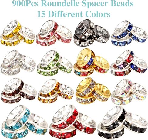 900 قطعة 8 ملم 15 لونًا من الخرز المستدير الفاصل، خرز كريستال، خرز حجر الراين، خرز لصنع المجوهرات والقلائد والاساور in Kuwait