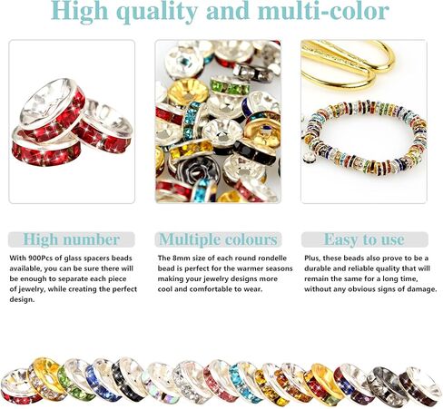 900 قطعة 8 ملم 15 لونًا من الخرز المستدير الفاصل، خرز كريستال، خرز حجر الراين، خرز لصنع المجوهرات والقلائد والاساور in Kuwait