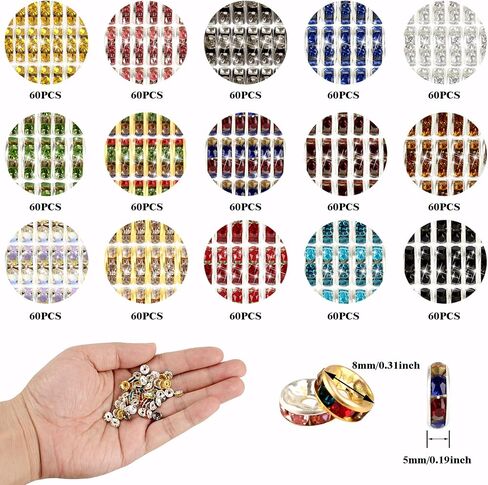 900 قطعة 8 ملم 15 لونًا من الخرز المستدير الفاصل، خرز كريستال، خرز حجر الراين، خرز لصنع المجوهرات والقلائد والاساور in Kuwait