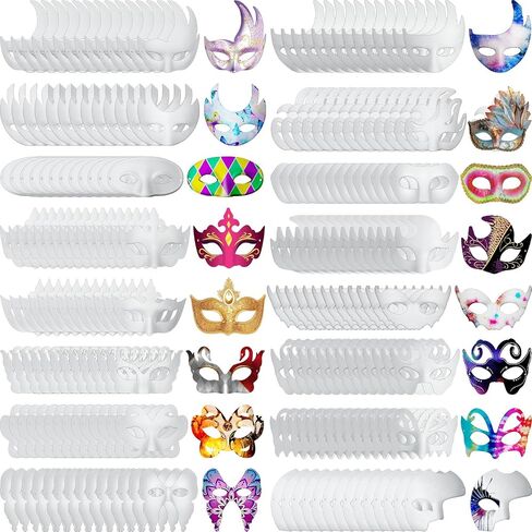 Poen 200 Pcs DIY White Masks Bulk, Paper Half Face Masquerade Masks with String Pulp Blank Paintable Masks Mardi Gras Mask for Halloween Cosplay Masquerade Party, 16 Styles in Saudi Arabia