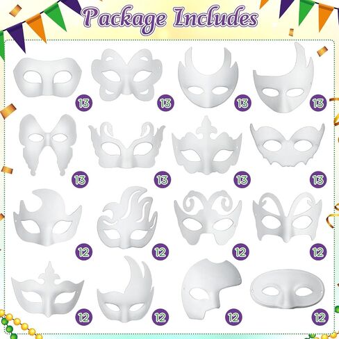 Poen 200 Pcs DIY White Masks Bulk, Paper Half Face Masquerade Masks with String Pulp Blank Paintable Masks Mardi Gras Mask for Halloween Cosplay Masquerade Party, 16 Styles in Saudi Arabia